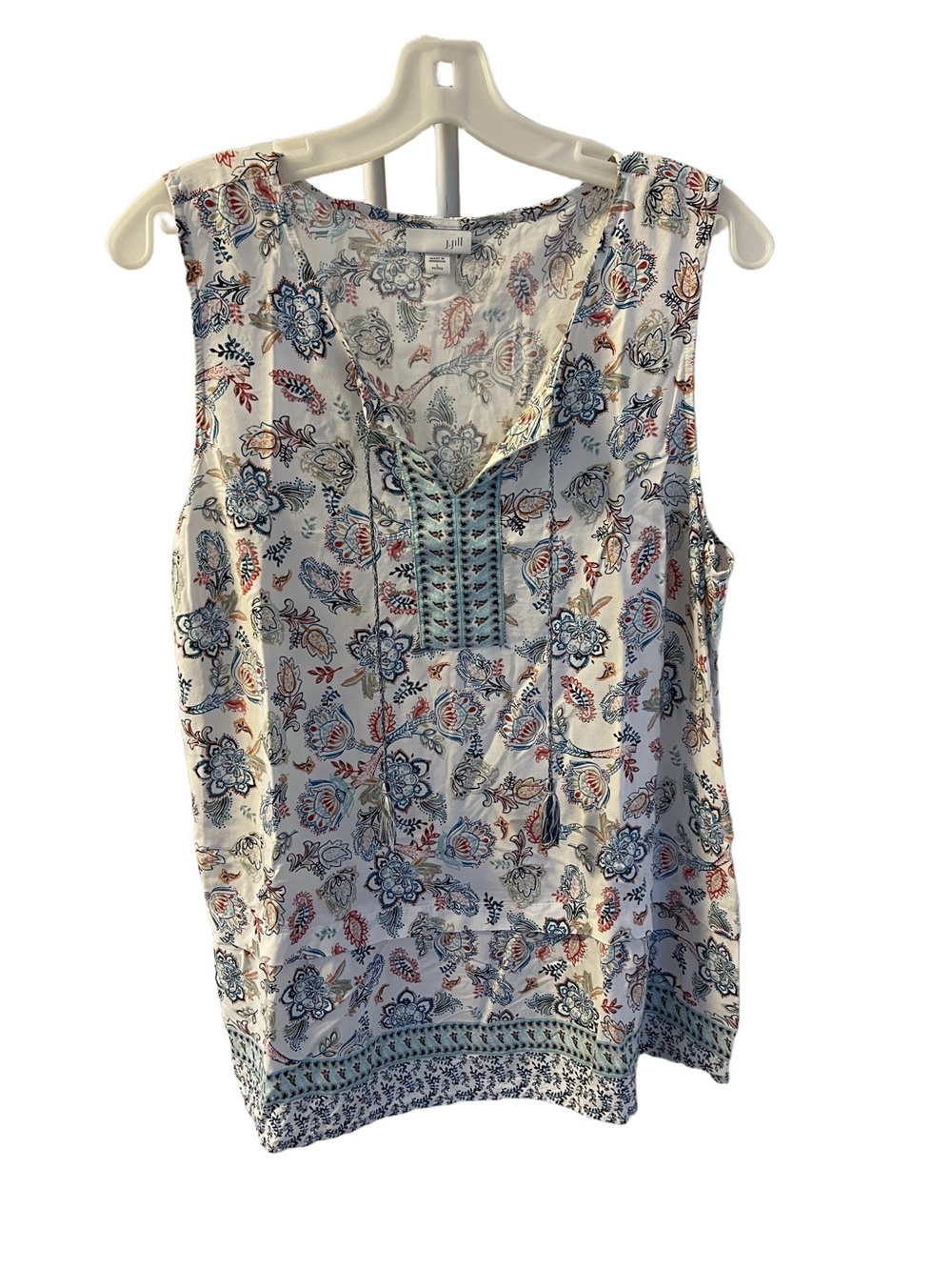 J Jill Women’s Tunic Tank Floral Print V-Neck Top - White,Blue,Orange Paisley  L